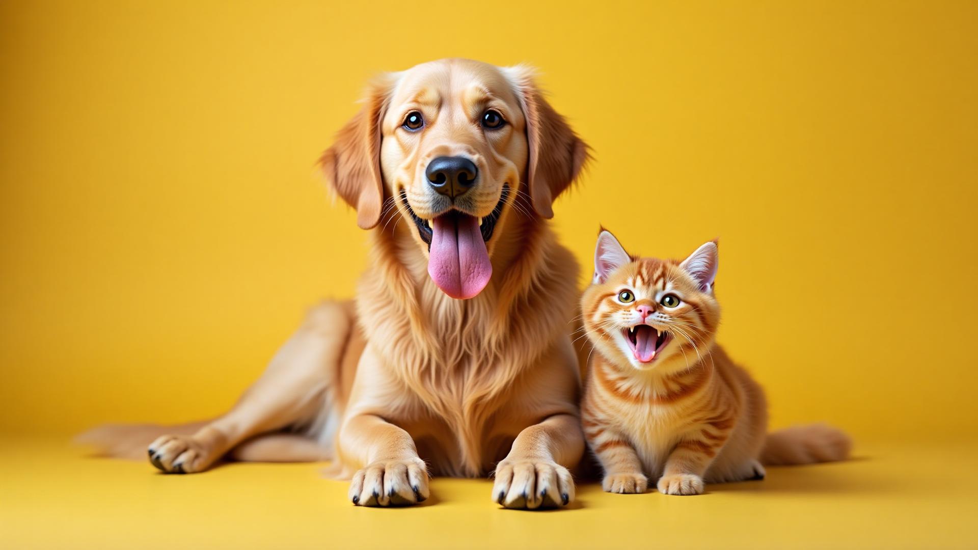 Happy dog and cat on yellow background
