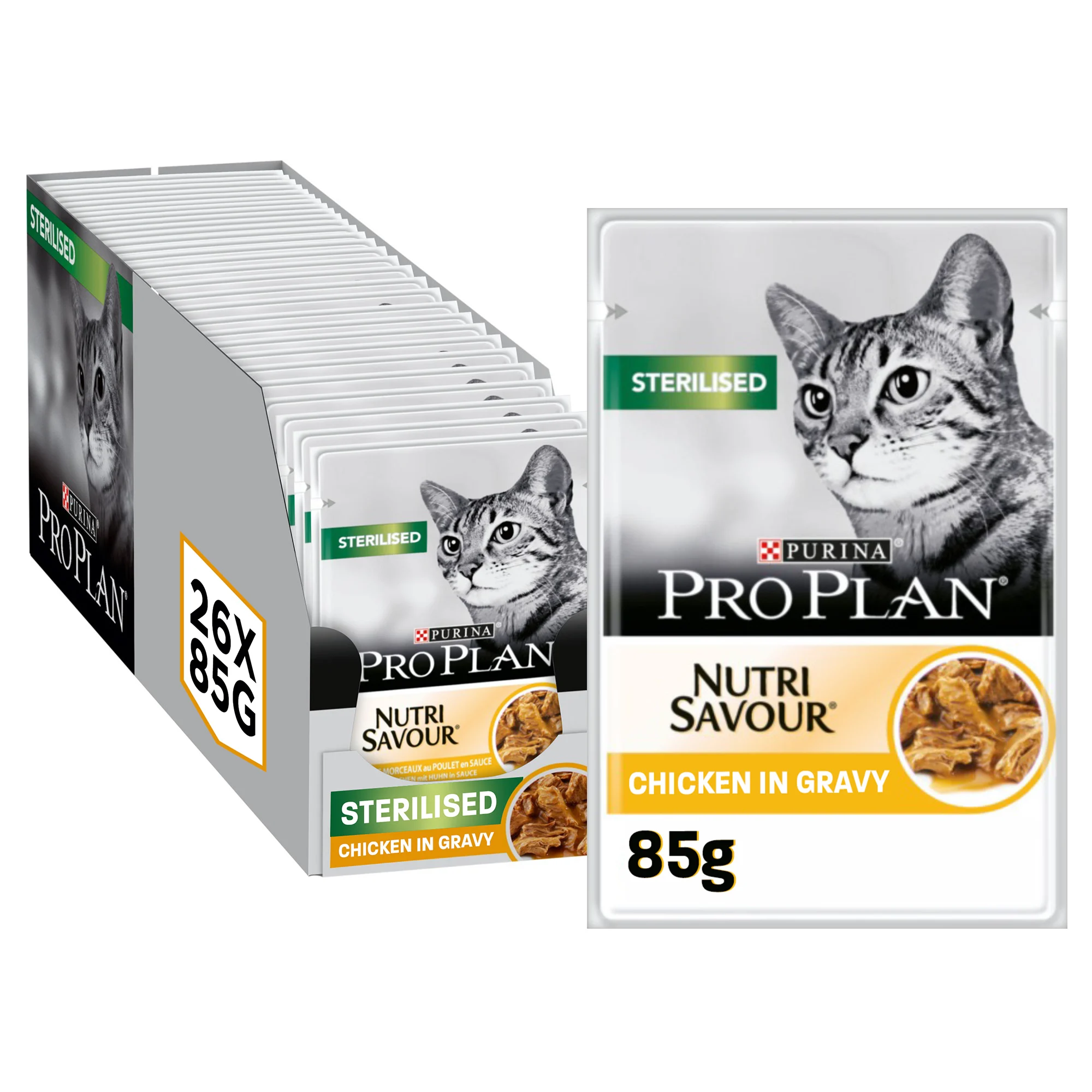 PRO PLAN STERILISED ADULT WET CAT FOOD WITH CHICKEN GRILLED IN GRAVY, 26 X 85G 1 PRO PLAN STERILISED ADULT WET CAT FOOD WITH CHICKEN GRILLED IN GRAVY 26 X 85G